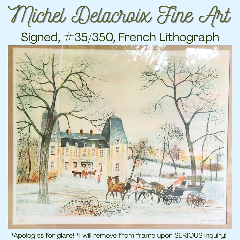 Delacroix Lithograph, French Chateau Landscape, Parisian Winter, Pencil Signed